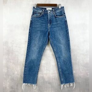 Topshop Classic Blue Denim Jeans in Straight Raw Hem Leg in Size 26 90s